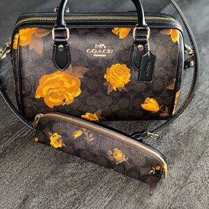 Coach Medium Rowan Floral Print Brown and Yellow Satchel & Coach Pencil Case